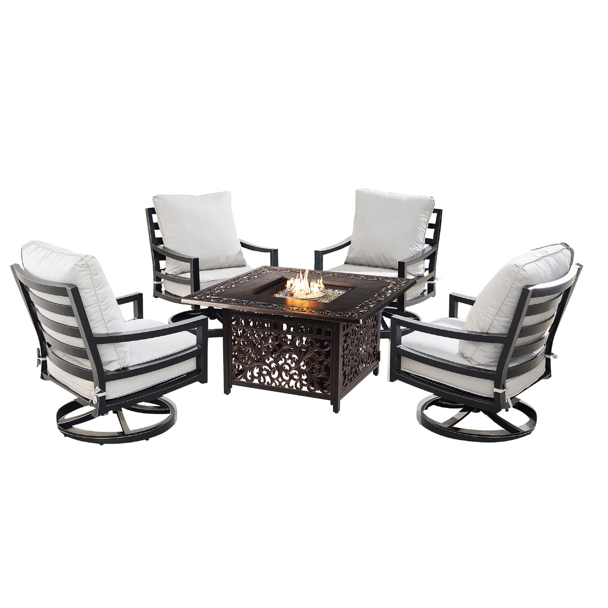 Aluminum 42-in Square Patio Fire Table Set with Swivel Rocking Chairs - Sharicks