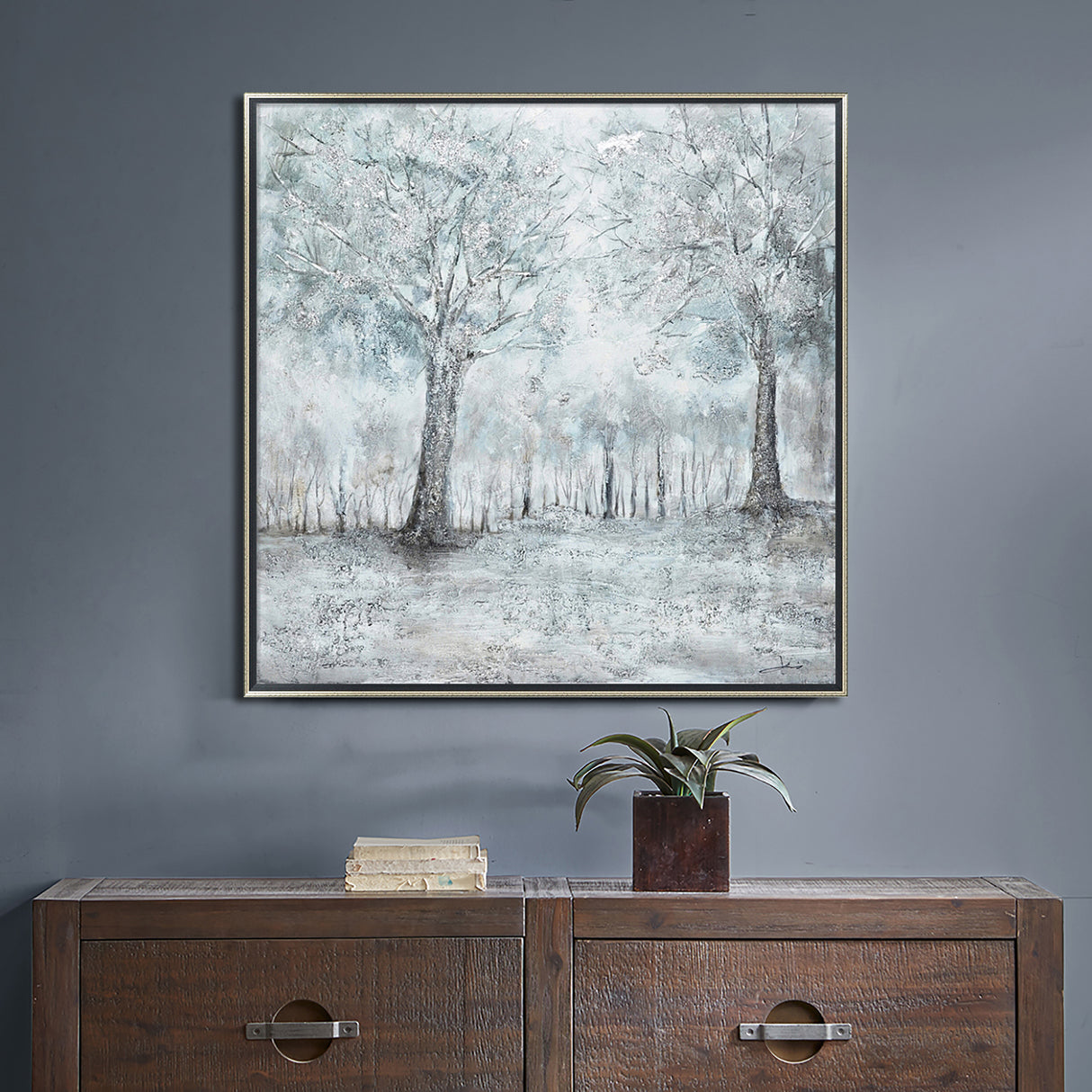 Hand Painted Acrylic Wall Art Snowy Forrest on a 39 x 39 Square Canvas with a Silver Wooden Frame - Sharicks