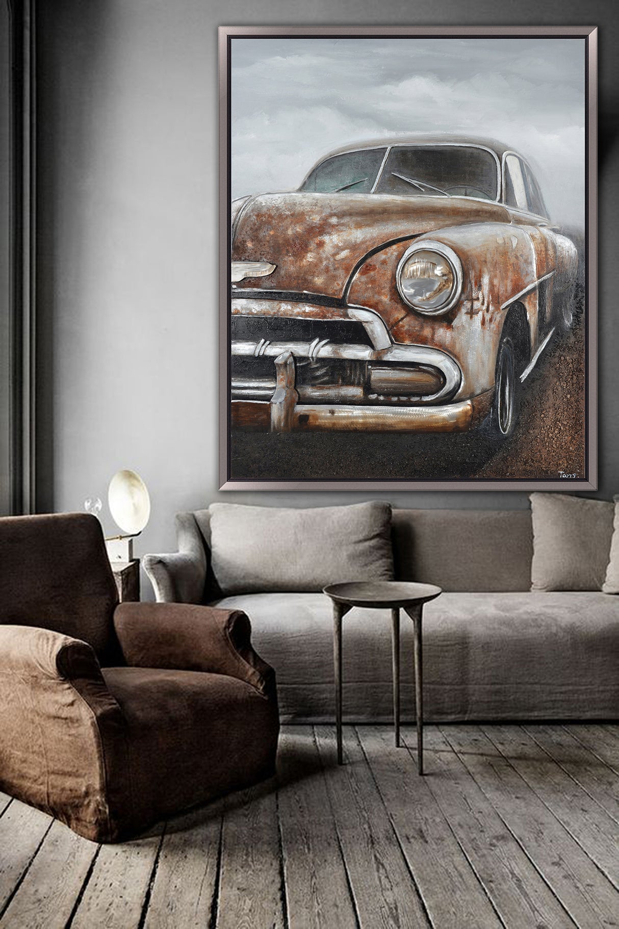 Hand Painted Acrylic and Aluminum 3D Wall Art Vintage Car 47 x 59 Rectangular Canvas with a Dark Brown Wooden Frame - Sharicks