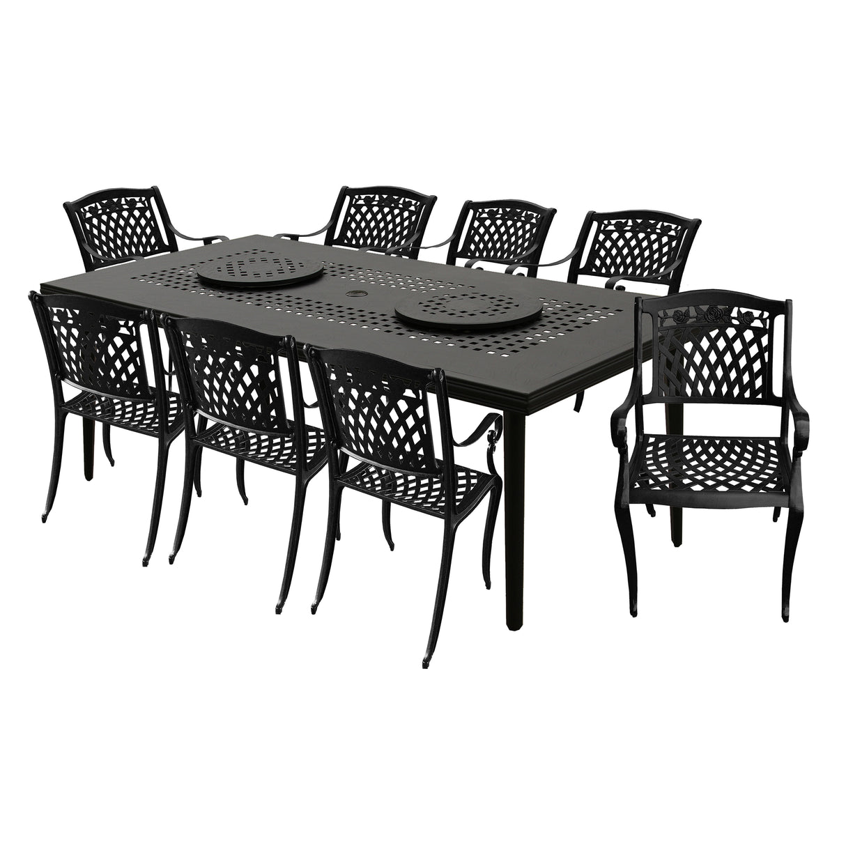 Aluminum 9pc Rectangular Patio Dining Set, Lazy Susans, Eight Chairs - Sharicks