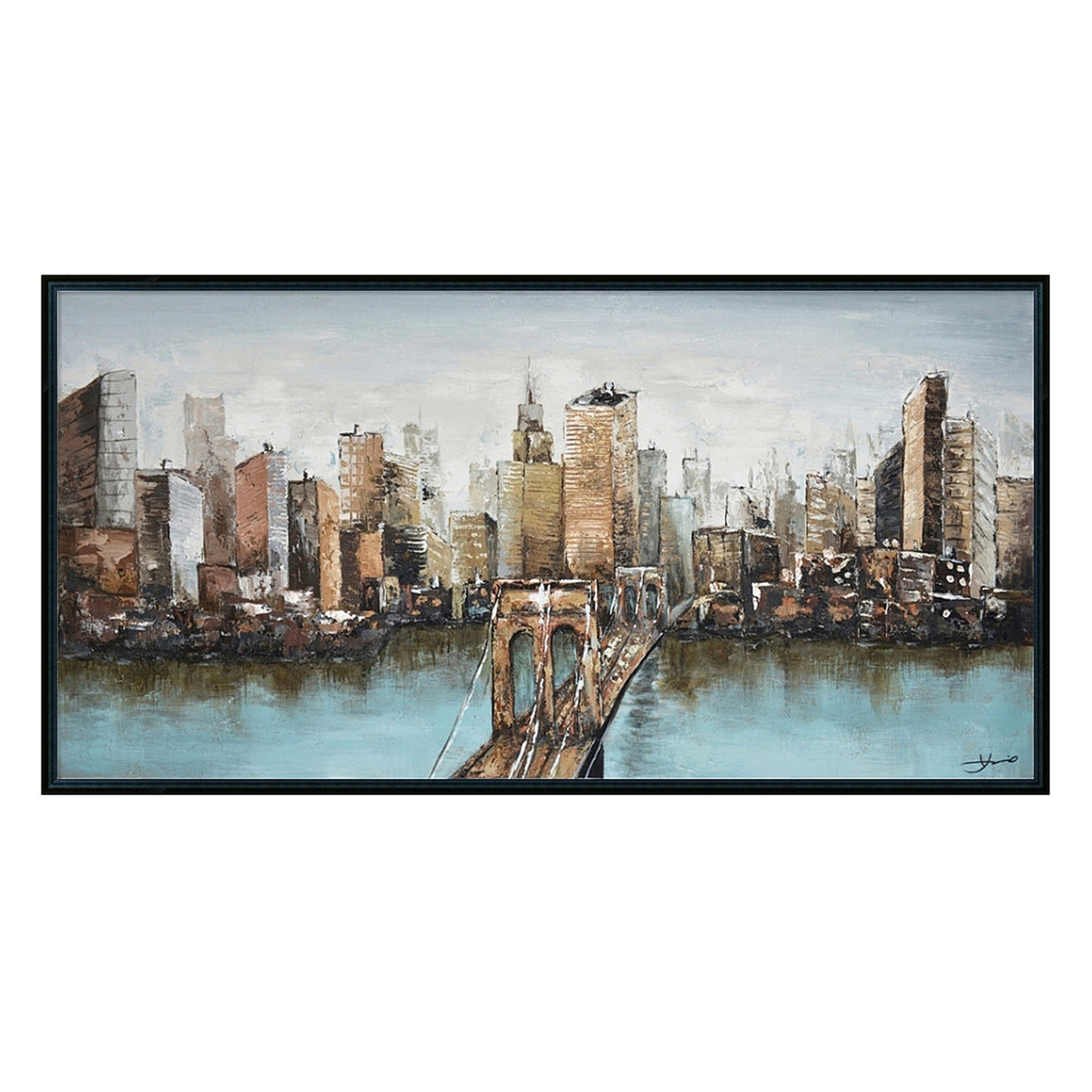 Hand Painted Acrylic Wall Art New York Cityscape on a 55 x 28 Rectangular Canvas with a Black Wooden Frame - Sharicks