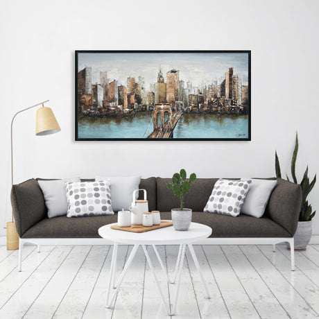 Hand Painted Acrylic Wall Art New York Cityscape on a 55 x 28 Rectangular Canvas with a Black Wooden Frame
