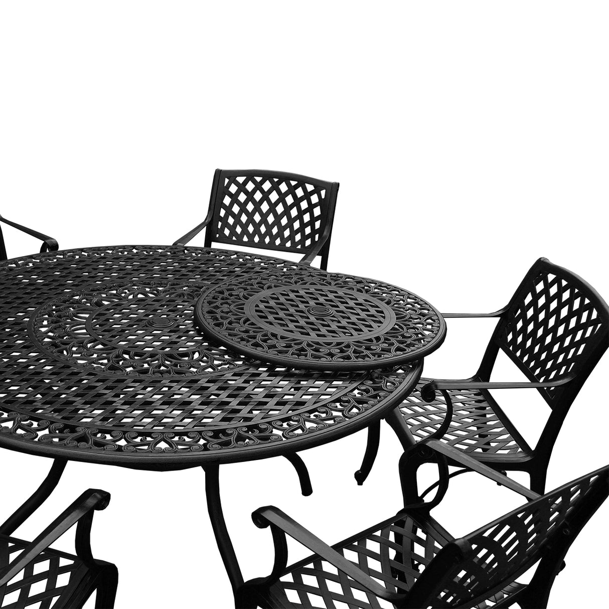 Outdoor Aluminum 7pc Round Patio Dining Set, Lazy Susan, Six Chairs - Sharicks