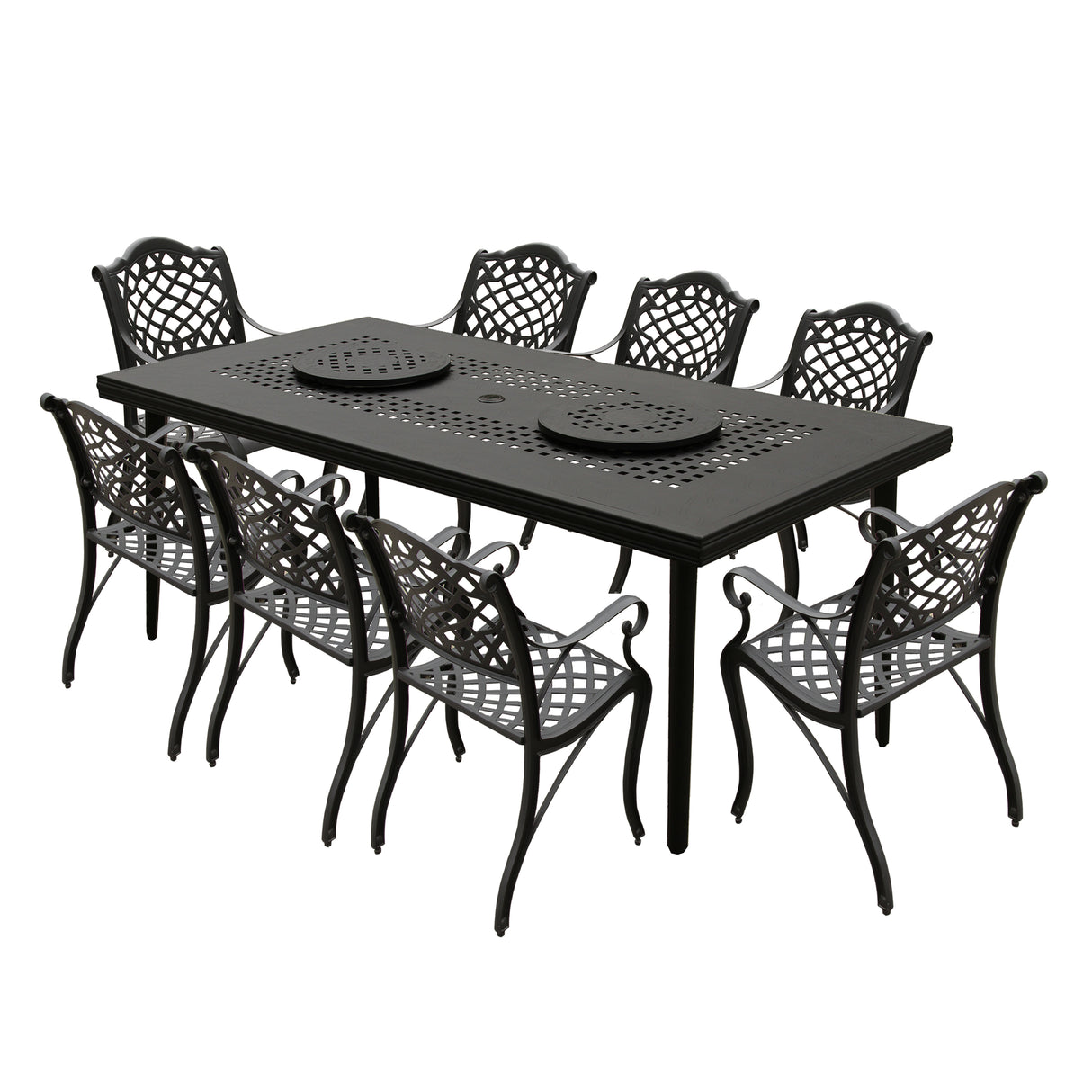 Aluminum 9pc Rectangular Patio Dining Set, Lazy Susans, Eight Chairs - Sharicks