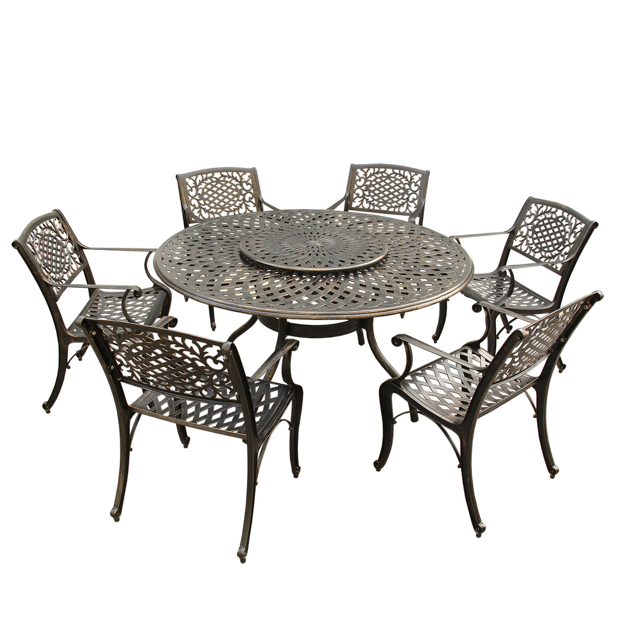 Outdoor Aluminum 7pc Round Patio Dining Set with Lazy Susan, Six Chairs - Sharicks