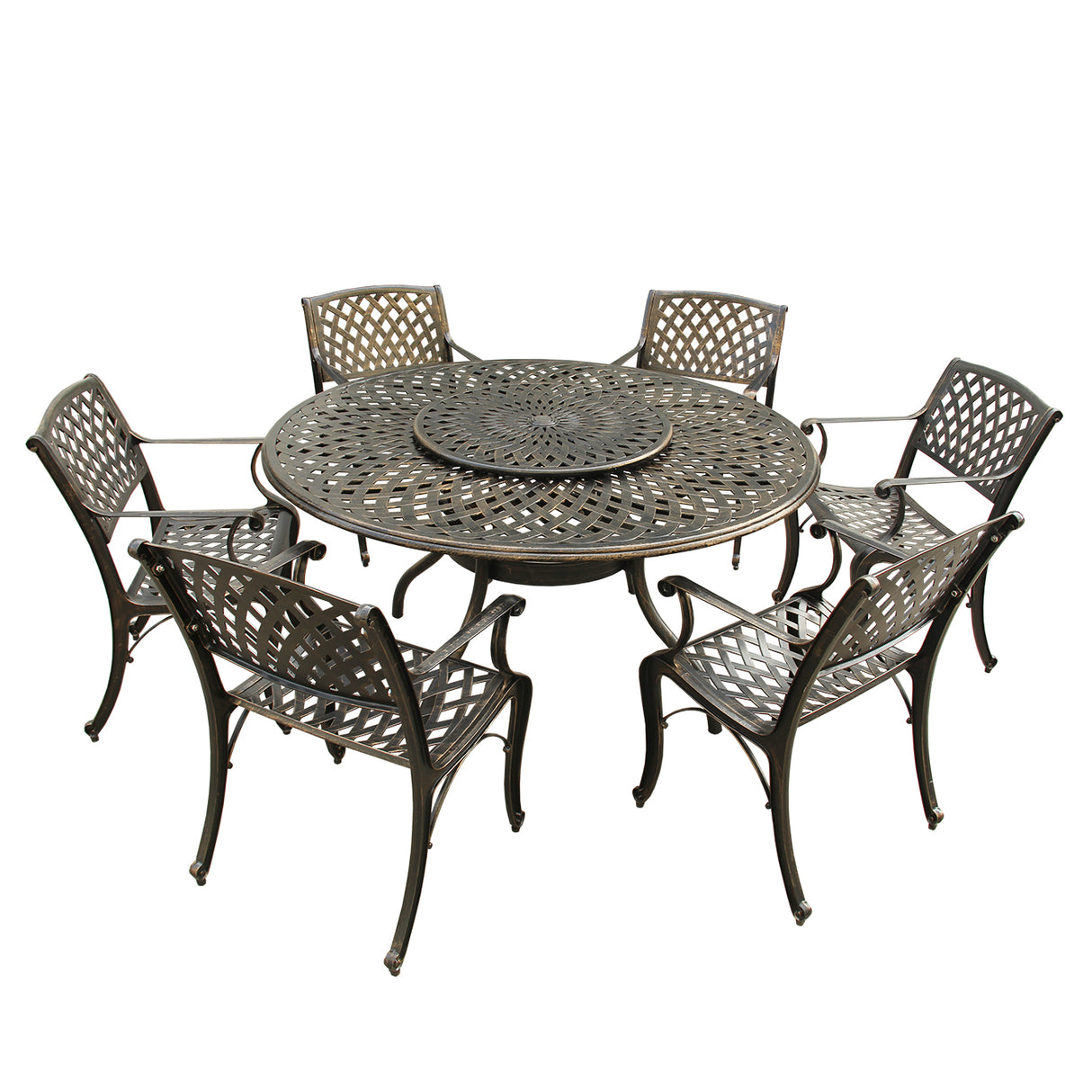 Outdoor Aluminum 7pc Round Patio Dining Set with Lazy Susan, Six Chairs - Sharicks