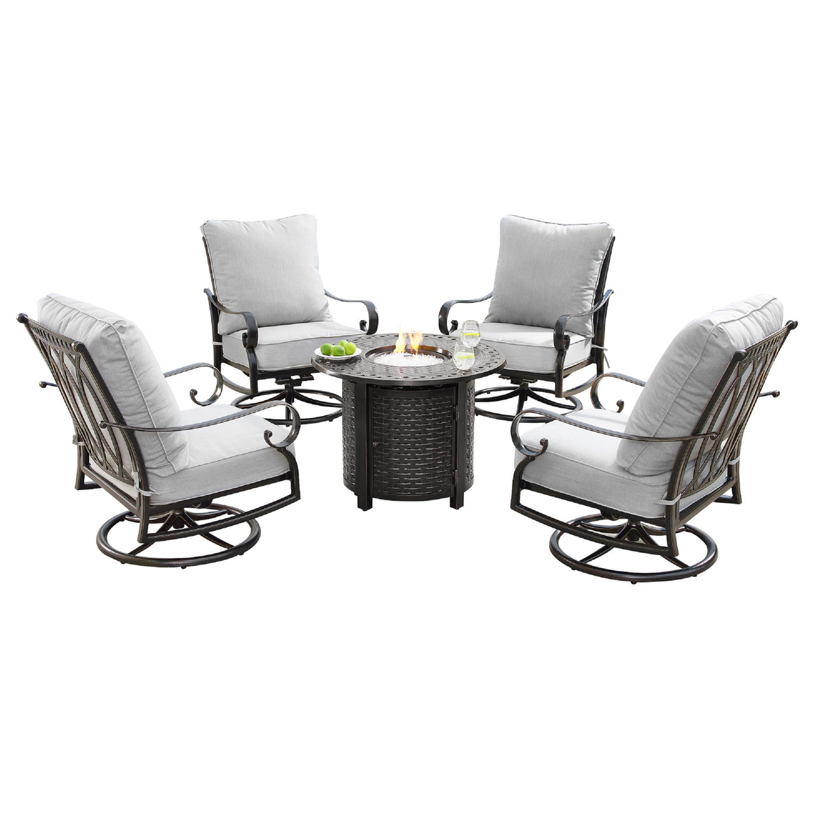 Aluminum 34-in Round Patio Fire Table Set with Swivel Rocking Chairs - Sharicks