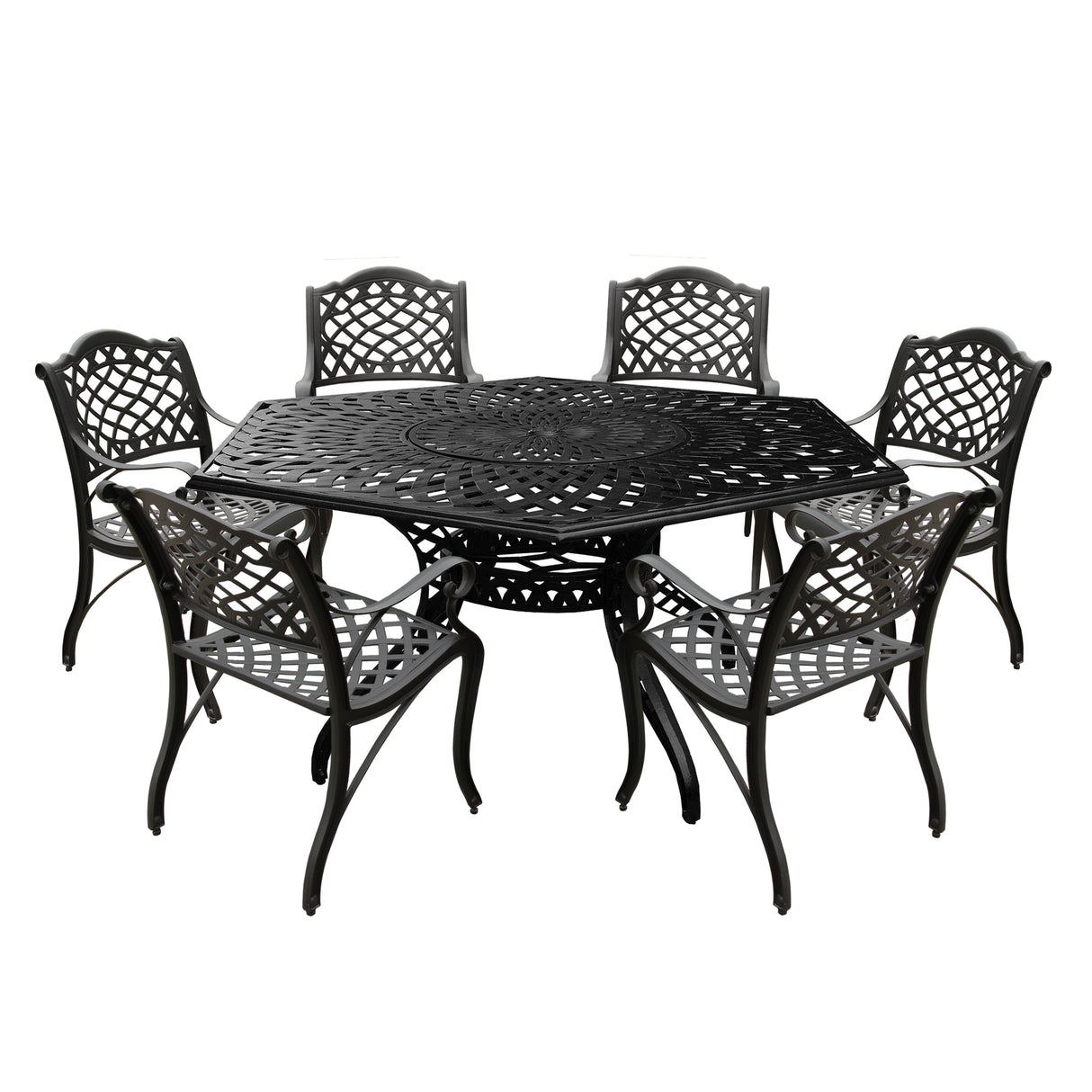 Aluminum 7pc Black Hexagon Patio Dining Set, Lazy Susan, Six Chairs - Sharicks