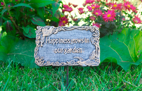 Antique Pewter Metal Garden Marker Happiness Grows In Our Garden