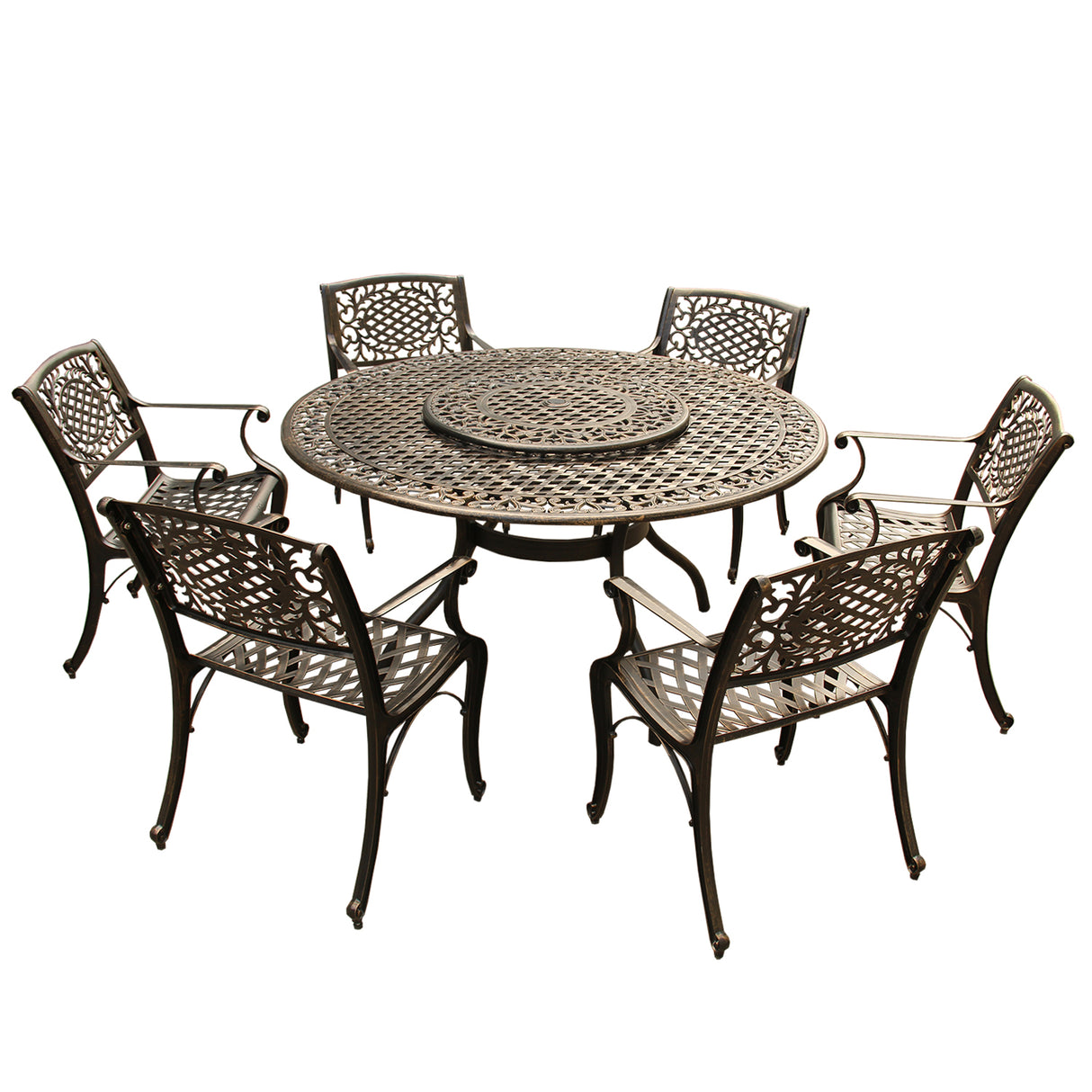 Outdoor Aluminum 7pc Round Patio Dining Set, Lazy Susan, Six Chairs - Sharicks
