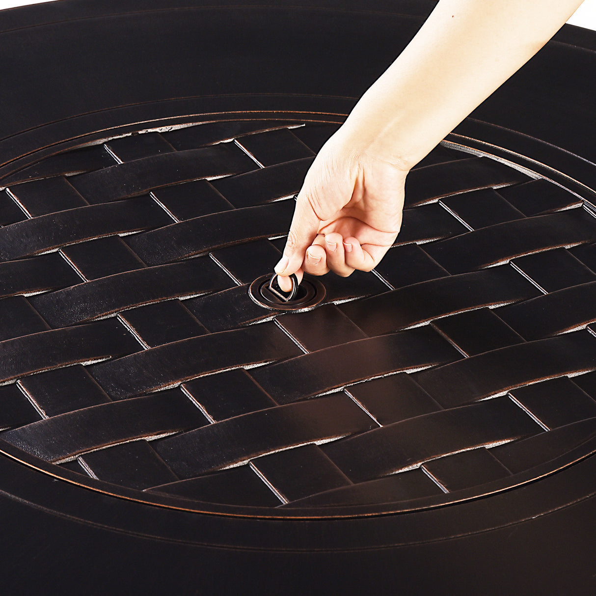 Aluminum 44-in Round Antique Copper Fire Table Set with Rocking Chairs - Sharicks