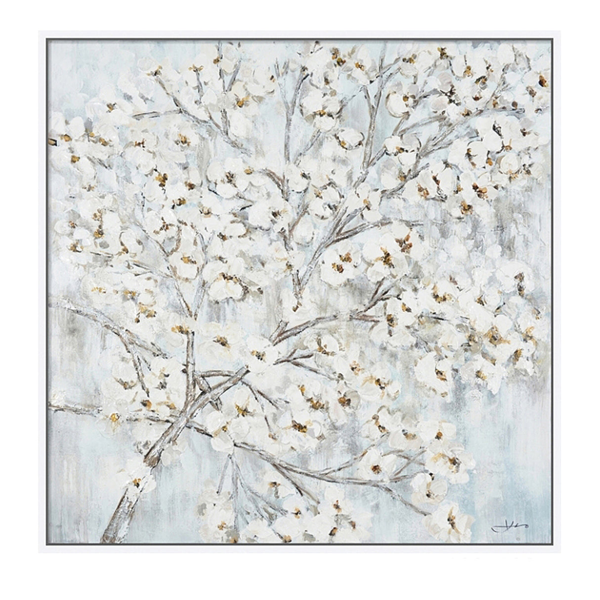Hand Painted Acrylic Wall Art White Flower Tree on a 39 x 39 Square Canvas with a White Wooden Frame - Sharicks