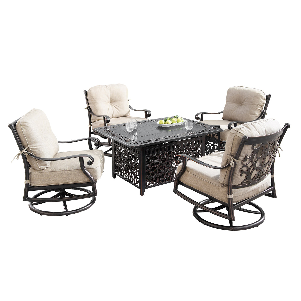 Aluminum 48-in Rectangular Patio Fire Table and Swivel Rocker Set - Sharicks