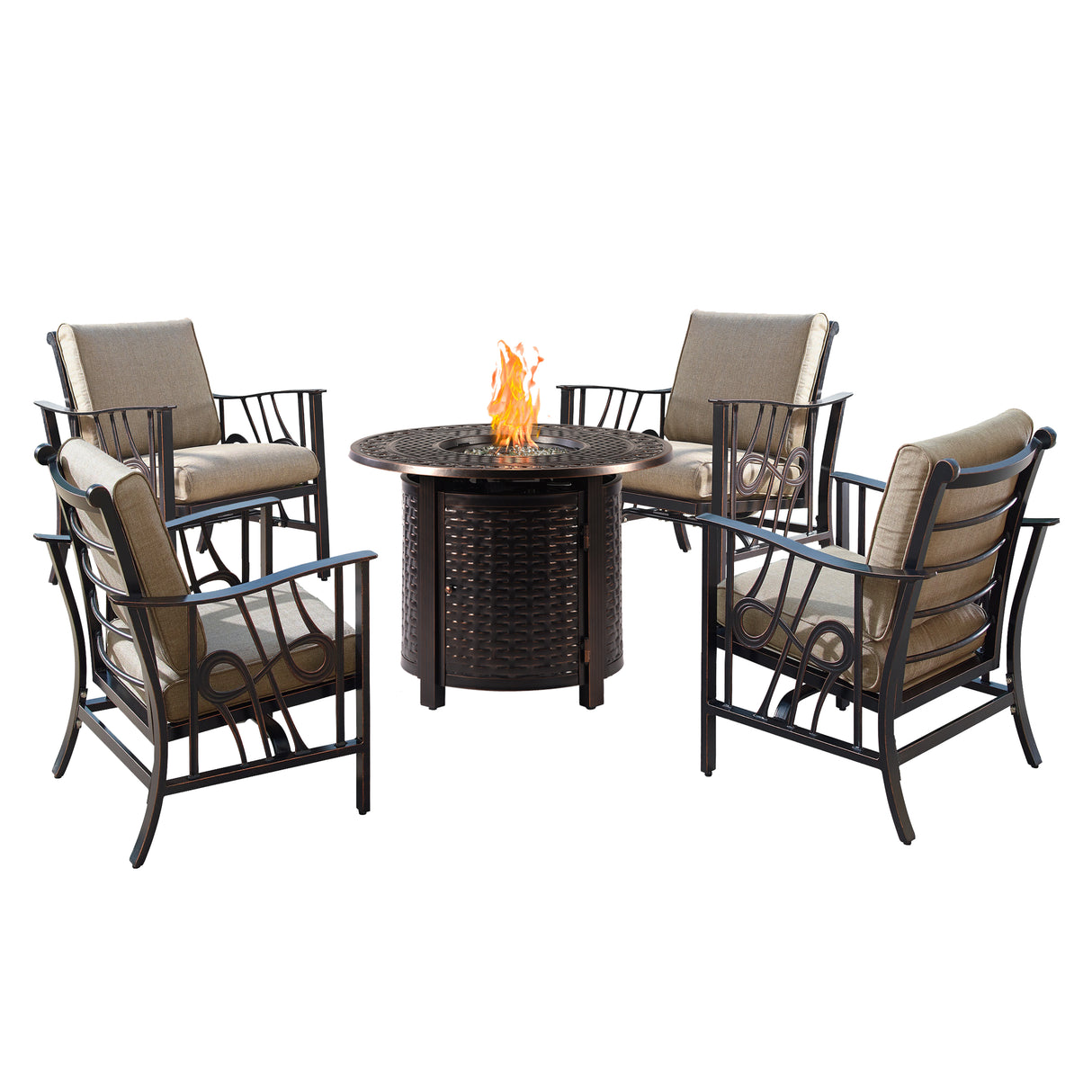 Aluminum 34-in Round Antique Copper Fire Table Set with Rocking Chairs - Sharicks