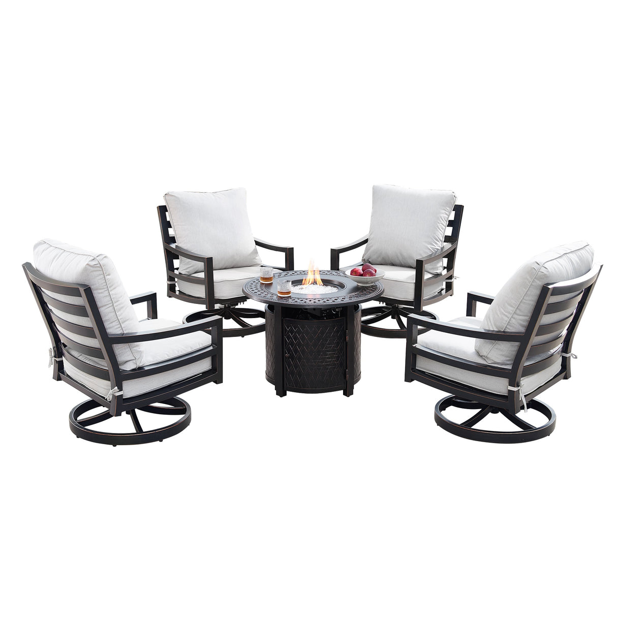 Aluminum 34-in Round Patio Fire Table Set with Swivel Rocking Chairs - Sharicks