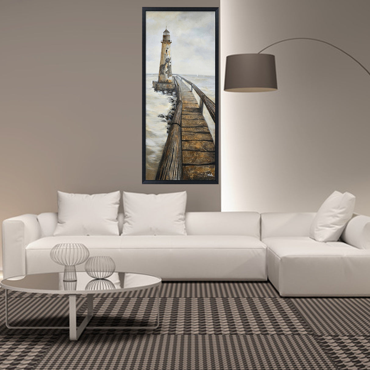 Hand Painted Acrylic Wall Art Vintage Light House 32 x 71 Rectangular Canvas with a Black Wooden Frame - Sharicks