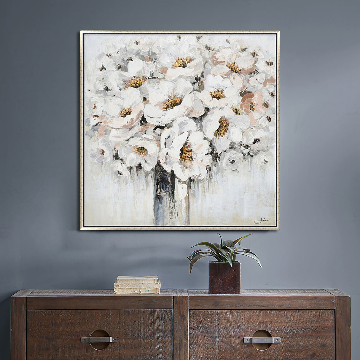 Hand Painted Acrylic Wall Art White Bouquet in Vase on a 39 x 39 Square Canvas with a Champagne Wooden Frame - Sharicks