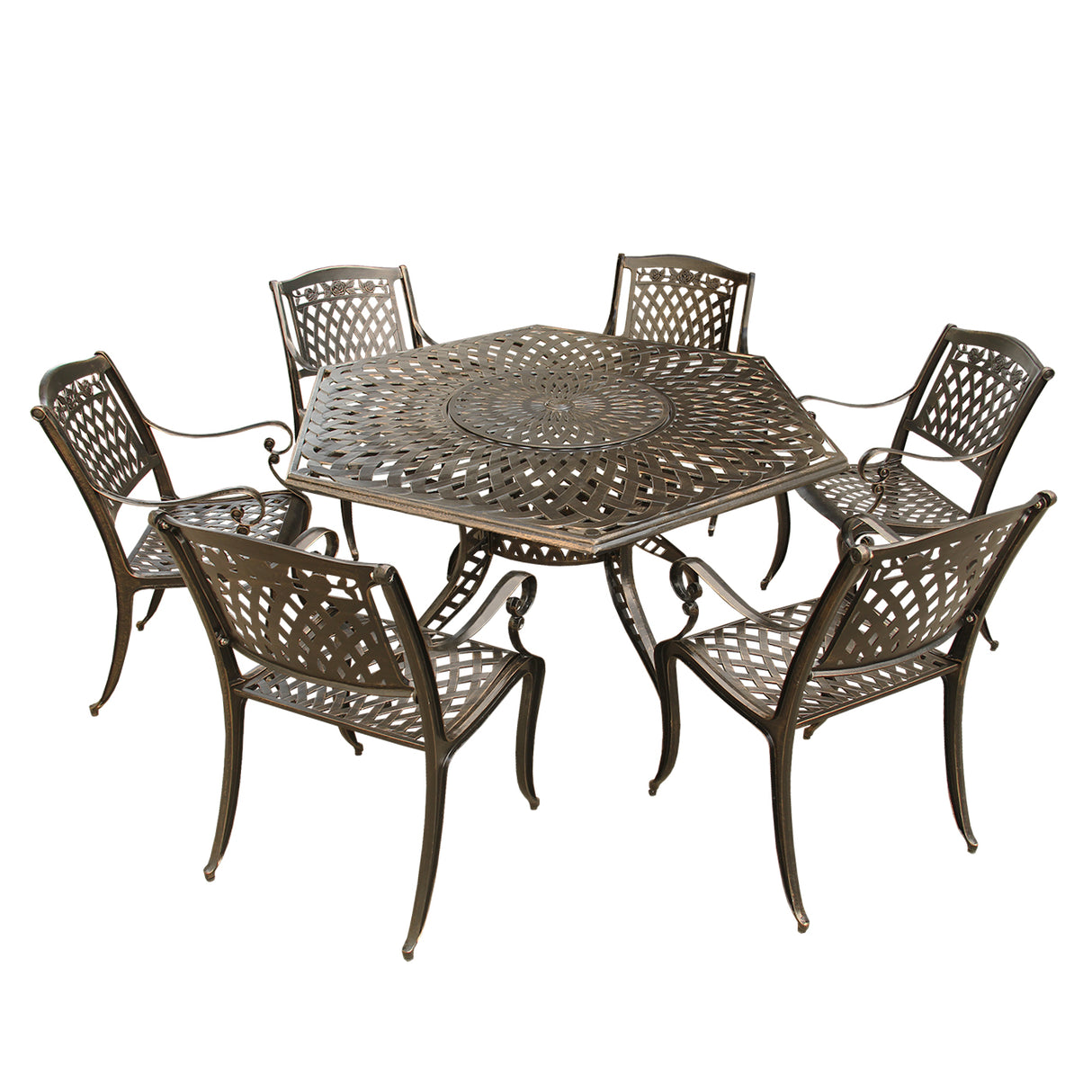 Aluminum 7pc Hexagon Rose Patio Dining Set, Lazy Susan, Six Chairs - Sharicks