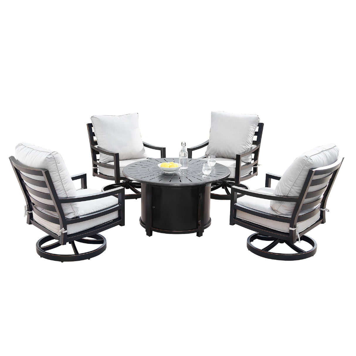 Aluminum 44-in Round Patio Fire Table Set with Swivel Rocking Chairs - Sharicks