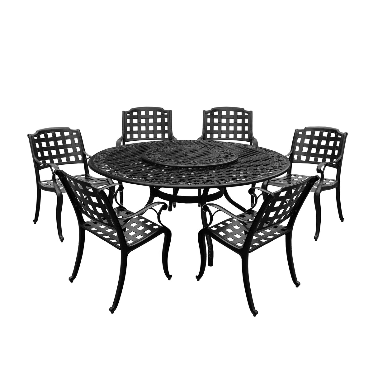 Aluminum 7pc Black Round Patio Dining Set, Lazy Susan, Six Chairs - Sharicks