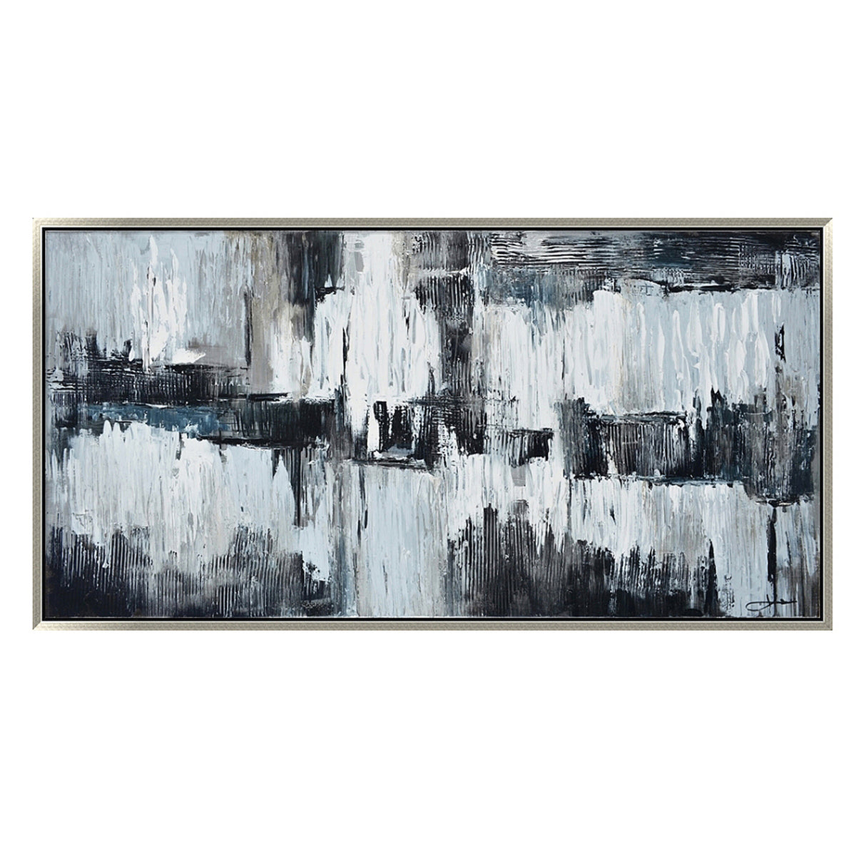 Hand Painted Acrylic Wall Art Black and Grey Abstract on a 59 x 30 Rectangular Canvas with a Silver Wooden Frame - Sharicks