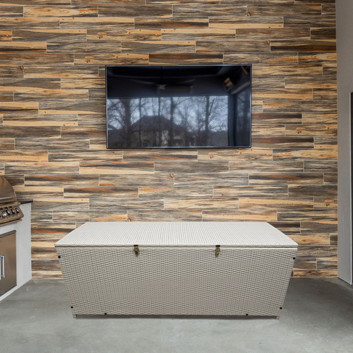 White Wicker Patio Deck Box with 113 Gallon Storage and Metal Frame Sharicks