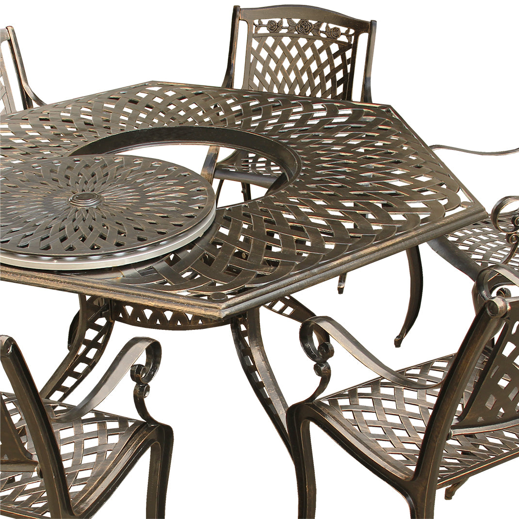 Aluminum 7pc Hexagon Rose Patio Dining Set, Lazy Susan, Six Chairs - Sharicks