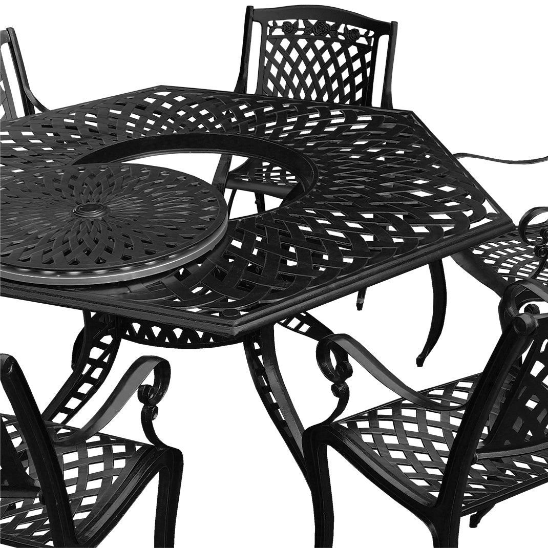 Aluminum 7pc Hexagon Rose Patio Dining Set, Lazy Susan, Six Chairs