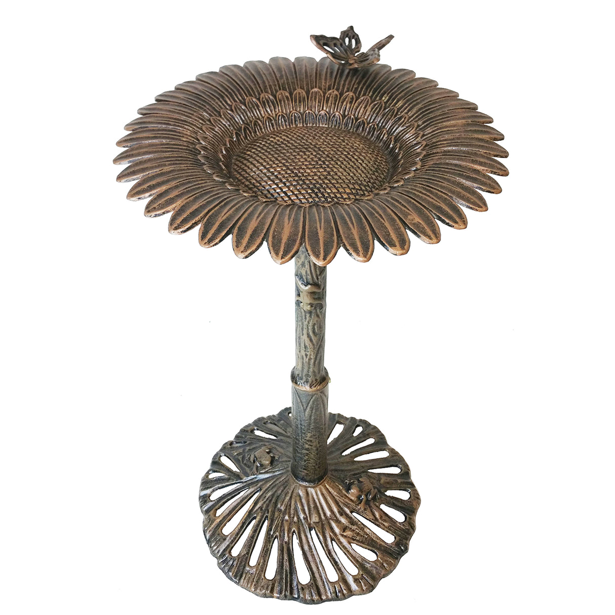 Round Cast Aluminum Metal 32-in Bird Bath with Sunflower Butterfly