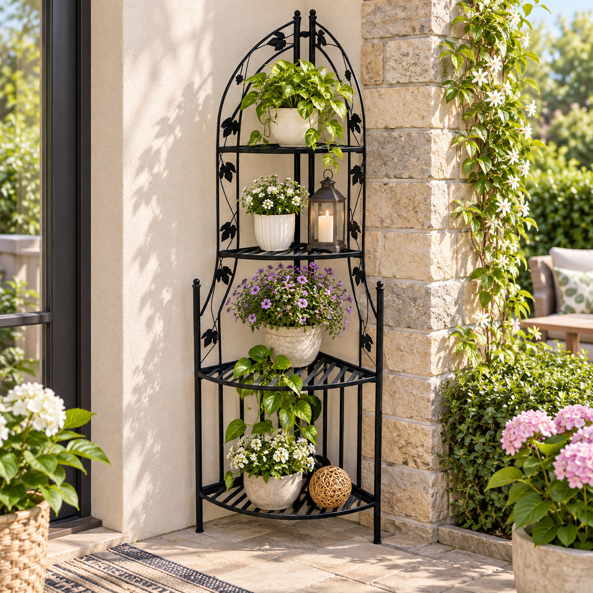 4-Tier Steel Corner Shelf Black Plant Stand