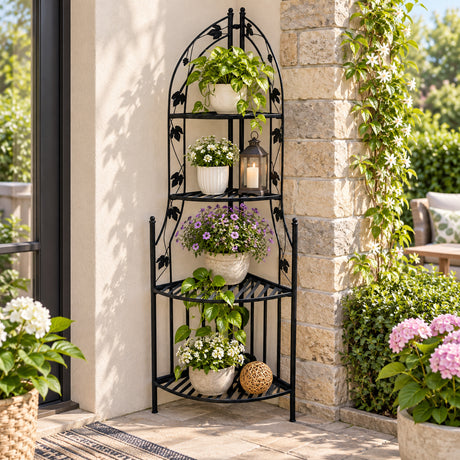 4-Tier Steel Corner Shelf Black Plant Stand