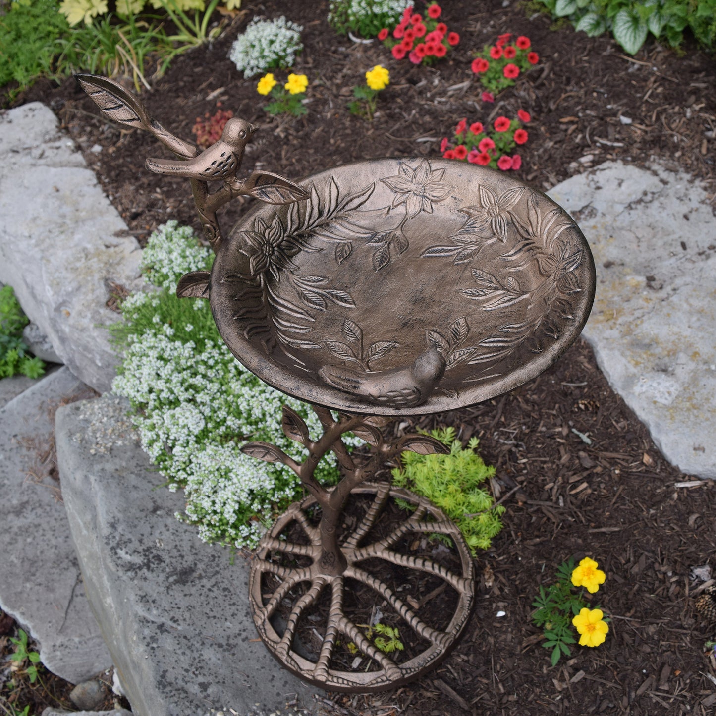 Cast Aluminum 33-in Metal Bird Bath with Branch and Two Birds