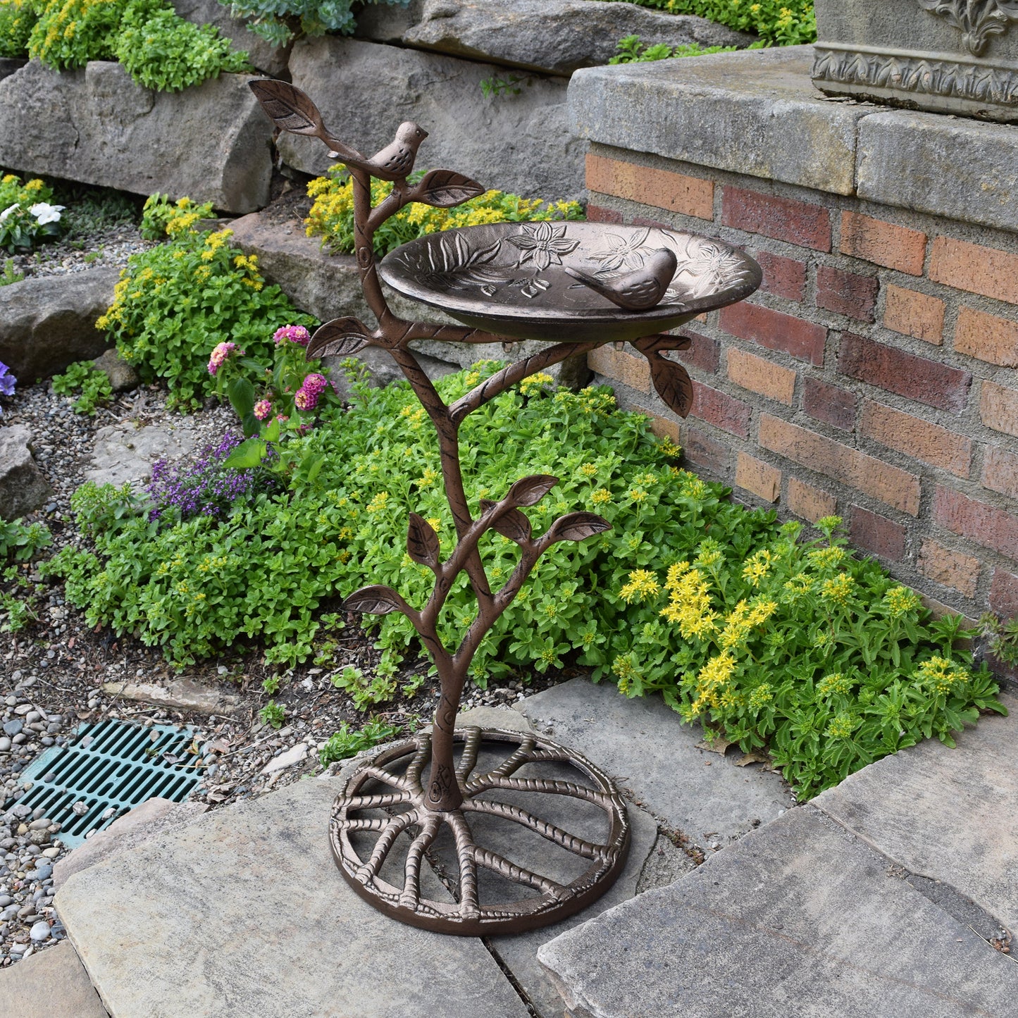 Cast Aluminum 33-in Metal Bird Bath with Branch and Two Birds
