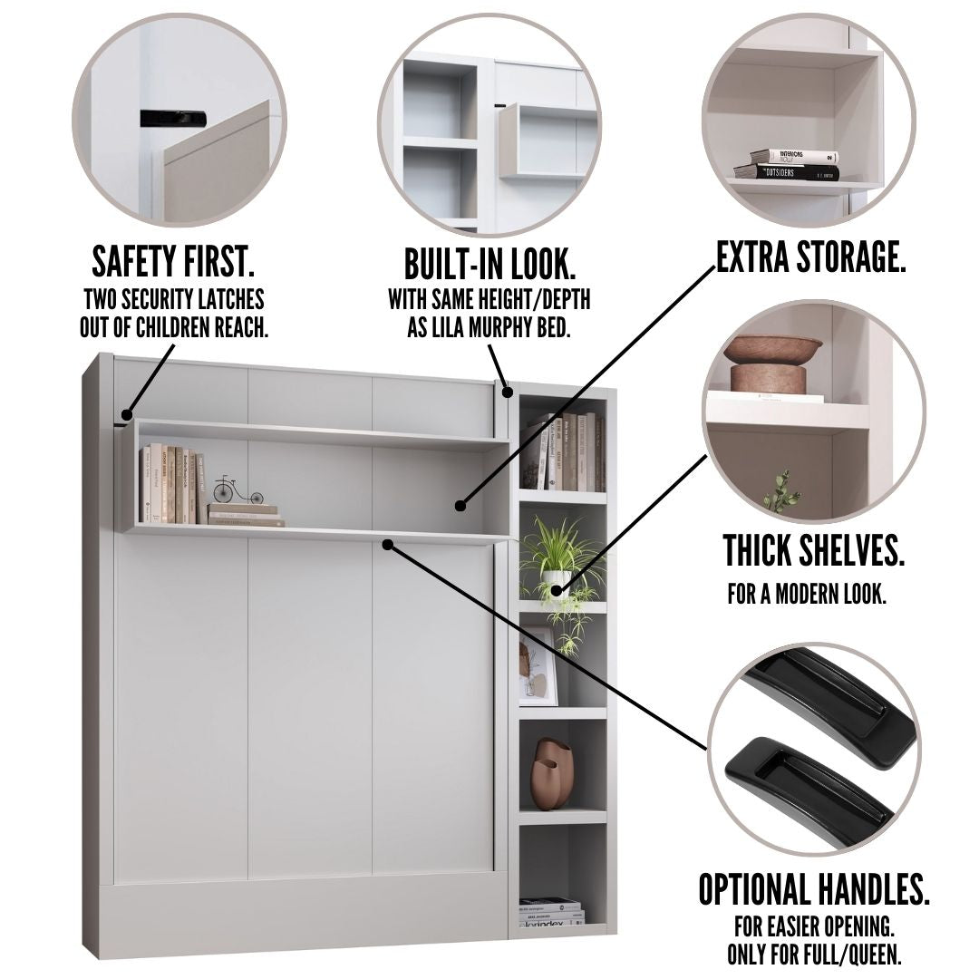 Easy-Lift Queen Murphy Wall Bed in White with Bookshelf - Sharicks