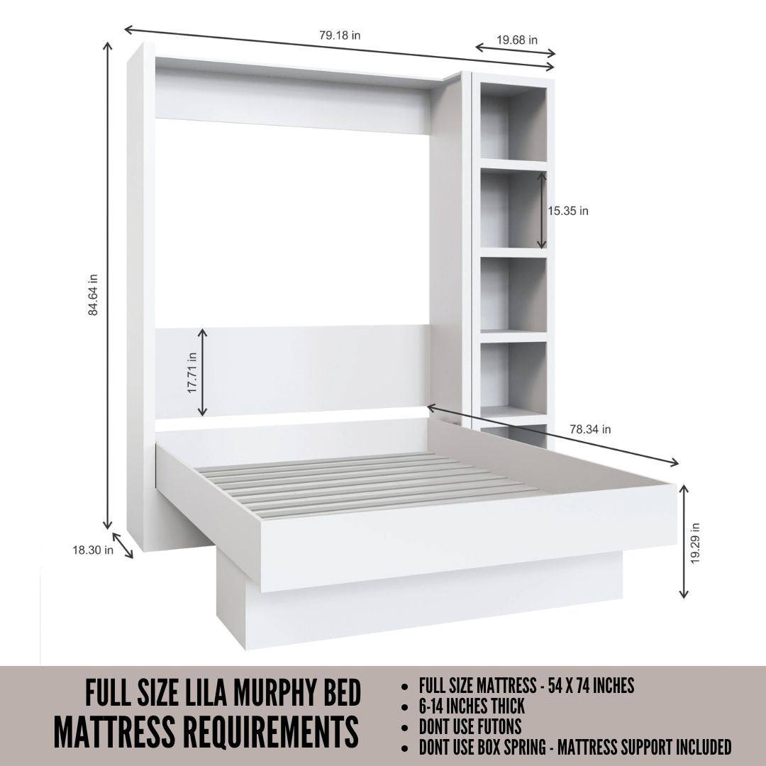 Easy-Lift Full Murphy Wall Bed in White with Bookshelf - Sharicks