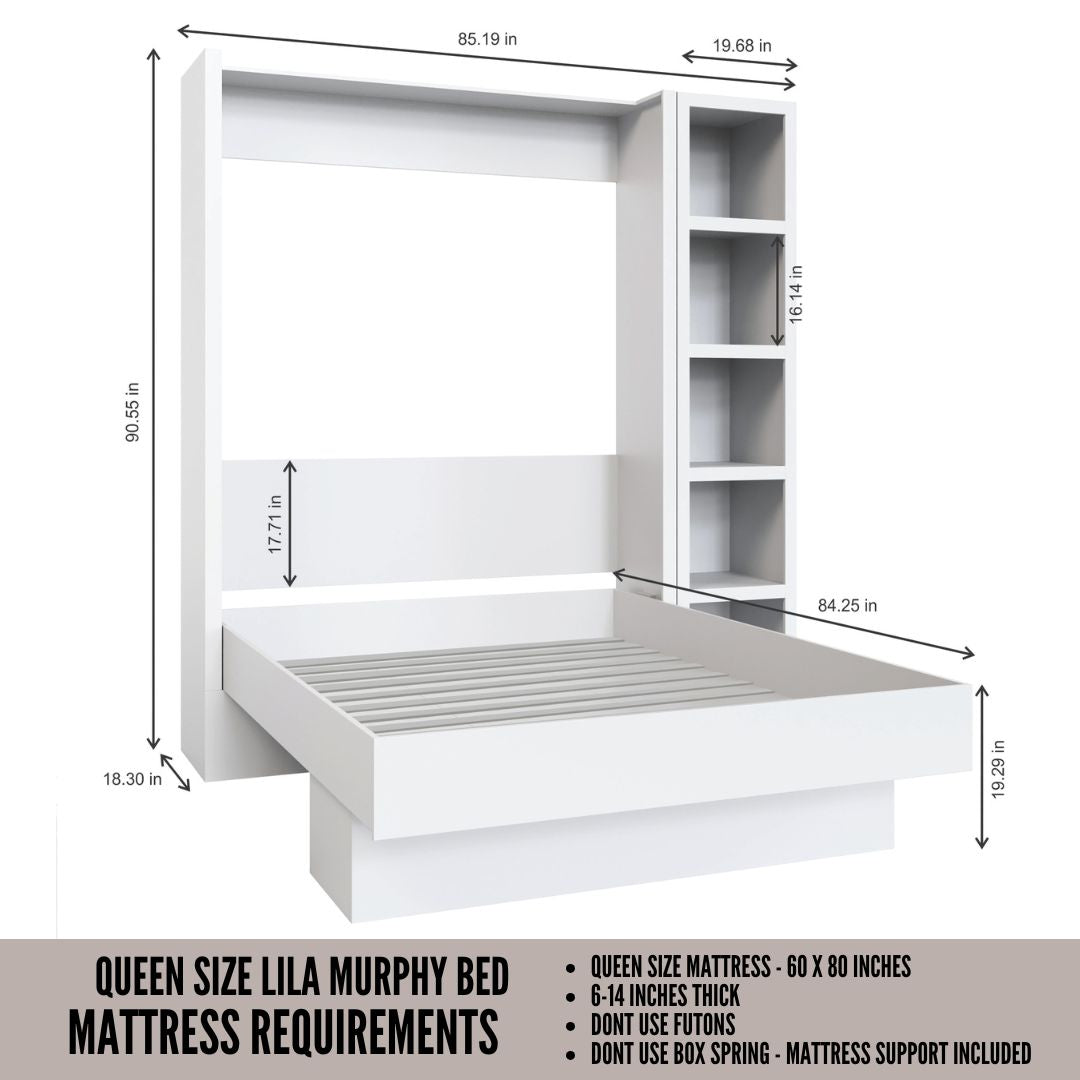 Easy-Lift Queen Murphy Wall Bed in White with Bookshelf - Sharicks