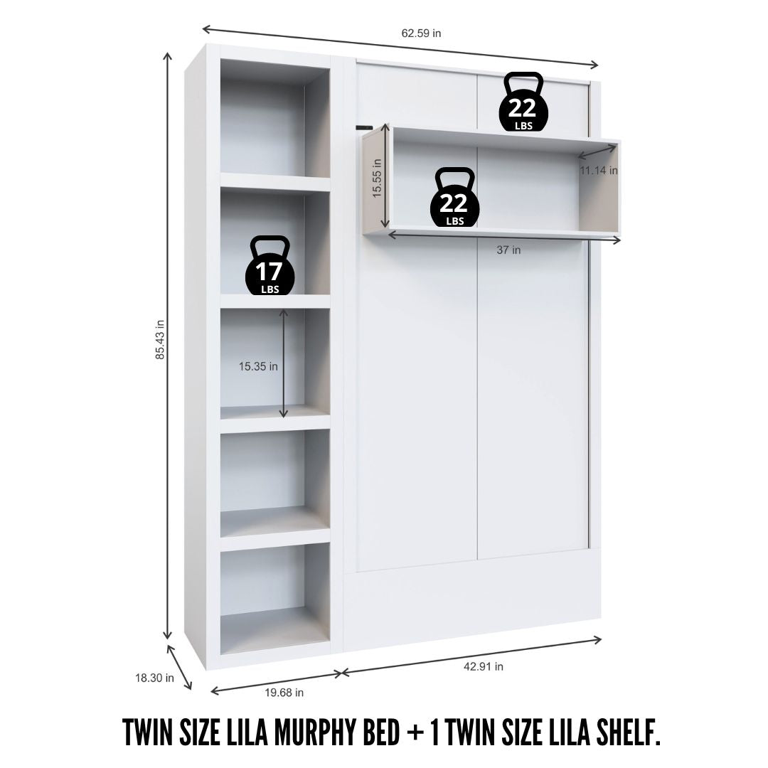 Easy-Lift Twin Murphy Wall Bed in White with Bookshelf - Sharicks