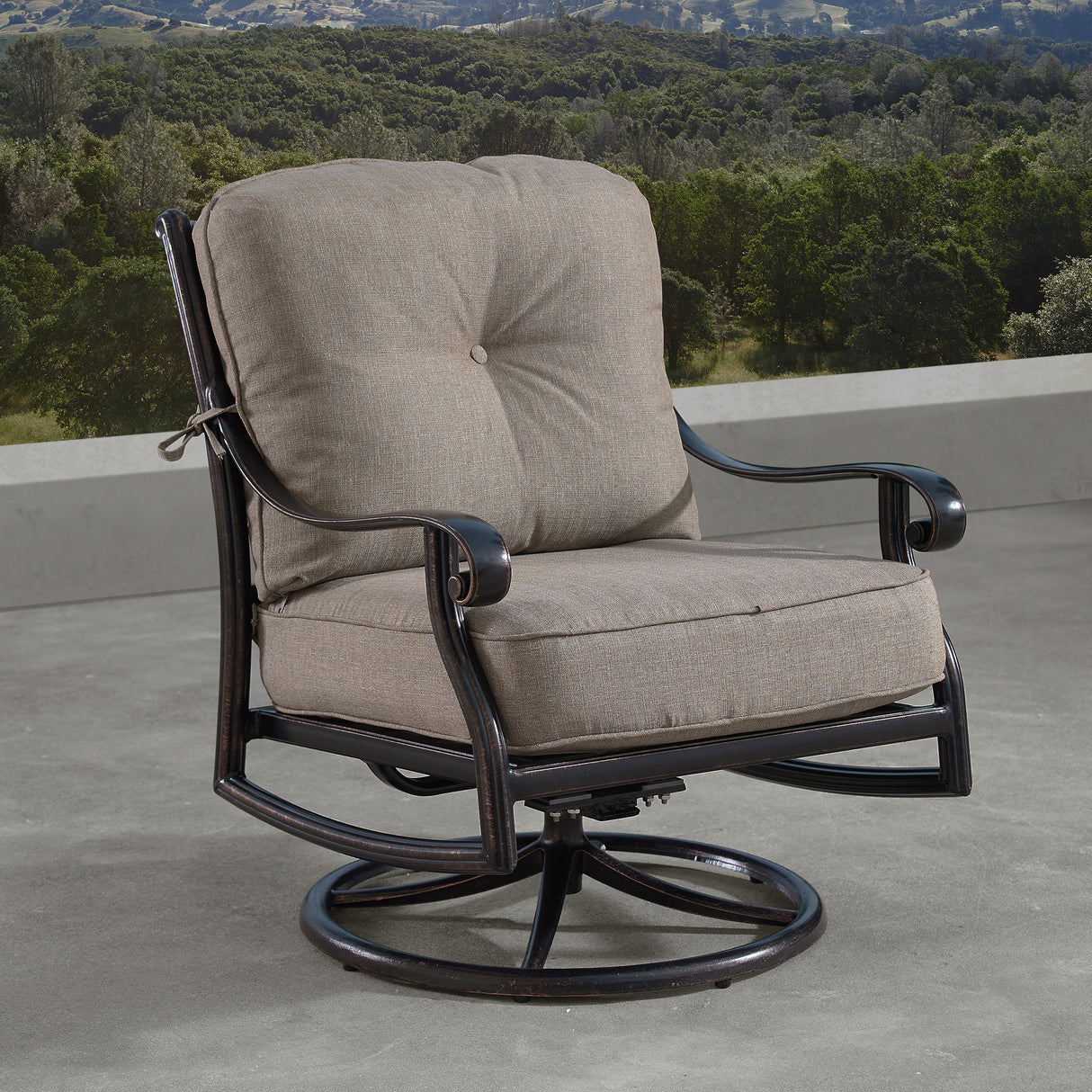 Aluminum Ornate Deep Seating Swivel Rocking Club Chairs Tan Cushions