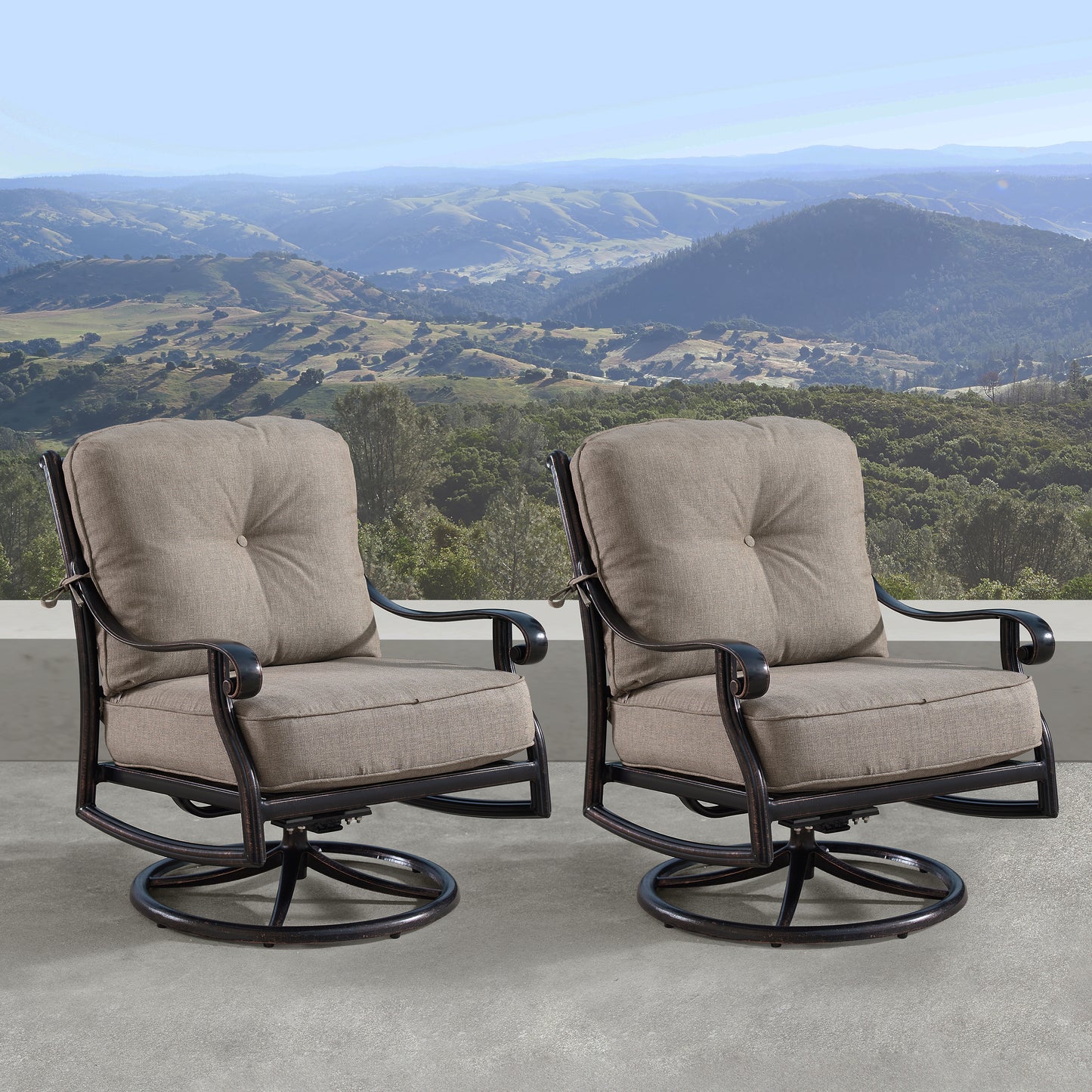 Aluminum Ornate Deep Seating Swivel Rocking Club Chairs Tan Cushions