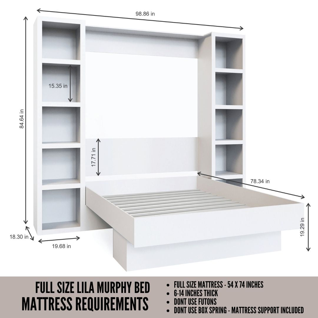 Easy-Lift Full Murphy Wall Bed in White with Two Bookshelves - Sharicks