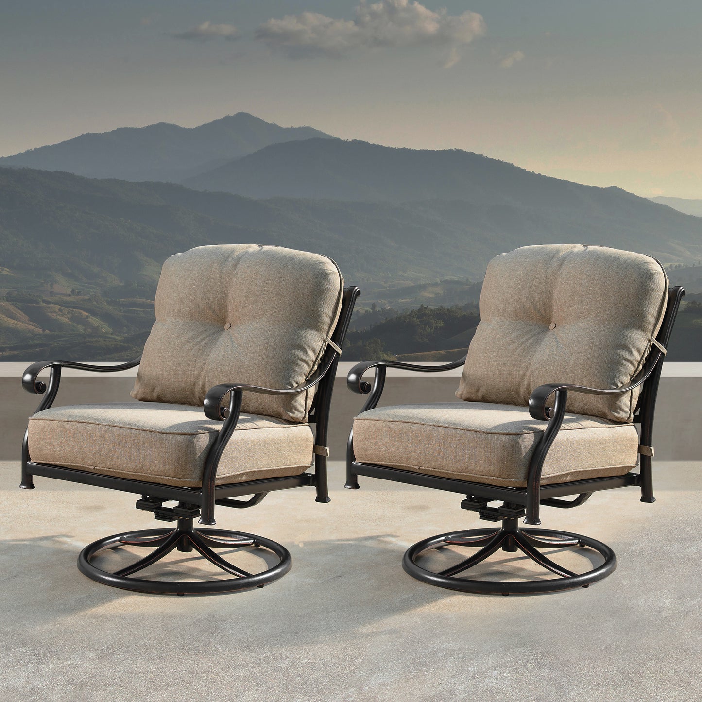 Aluminum Modern Deep Seating Swivel Rocking Club Chairs Tan Cushions