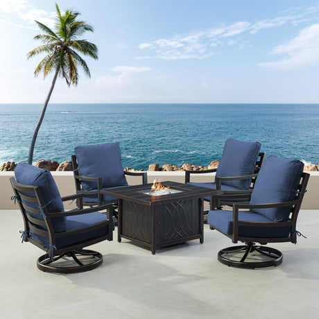 Black Aluminum Fire Table Set with Four Club Chairs - Sharicks