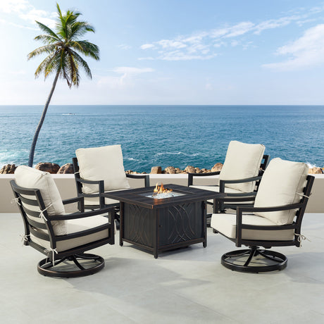 Black Aluminum Fire Table Set with Four Club Chairs - Sharicks