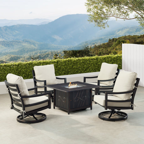 Black Aluminum Fire Table Set with Four Club Chairs - Sharicks