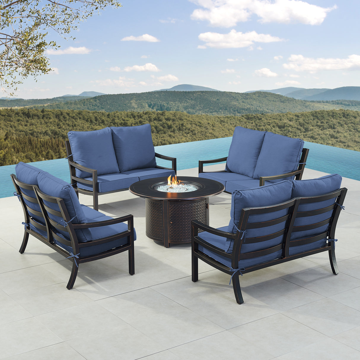 Black Aluminum Fire Table Set with Four Deep Seating Loveseats