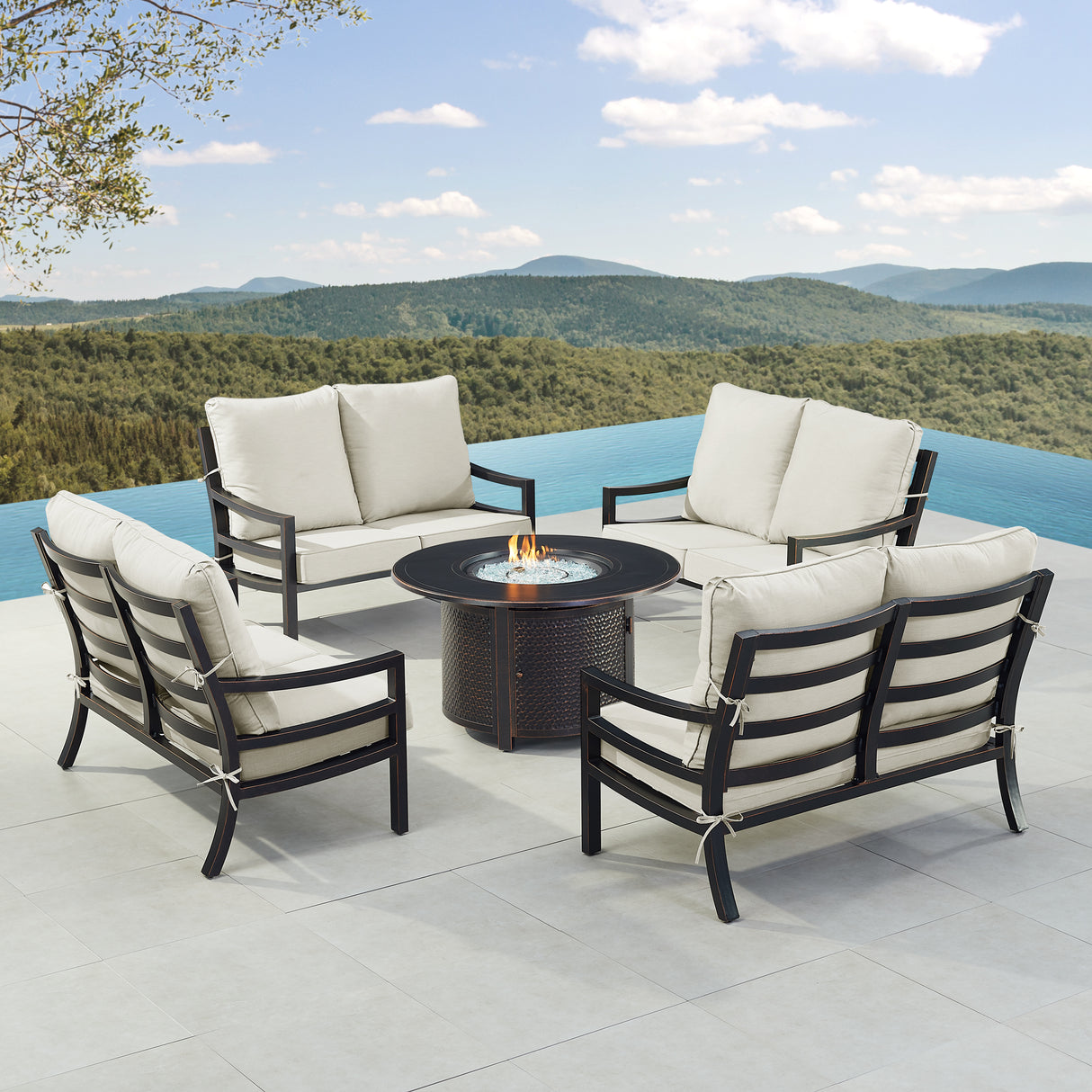 Black Aluminum Fire Table Set with Four Deep Seating Loveseats