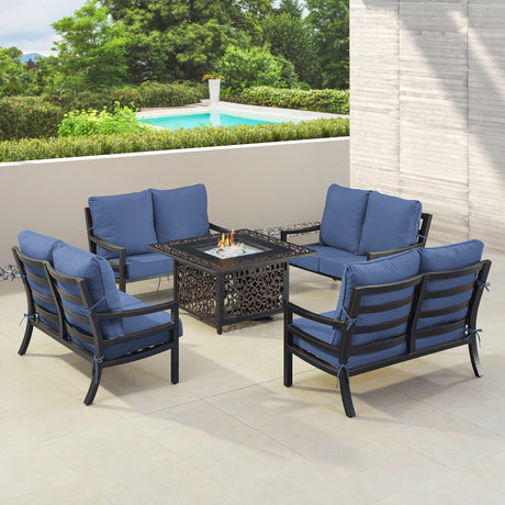 Black Aluminum Fire Table Set with Four Deep Seating Loveseats - Sharicks