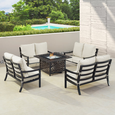 Black Aluminum Fire Table Set with Four Deep Seating Loveseats - Sharicks