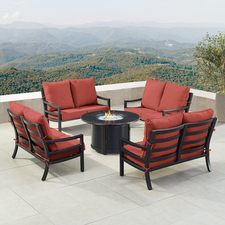 Black Aluminum Fire Table Set with Four Deep Seating Loveseats