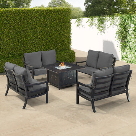 Black Aluminum Fire Table Set with Four Deep Seating Loveseats - Sharicks